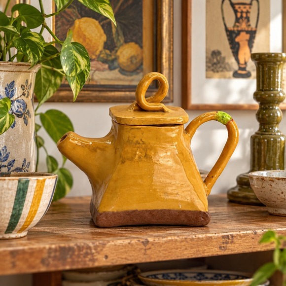 Other - Vintage Mustard Yellow Pottery Teapot, Sculptural Kitchen Shelf Decor
